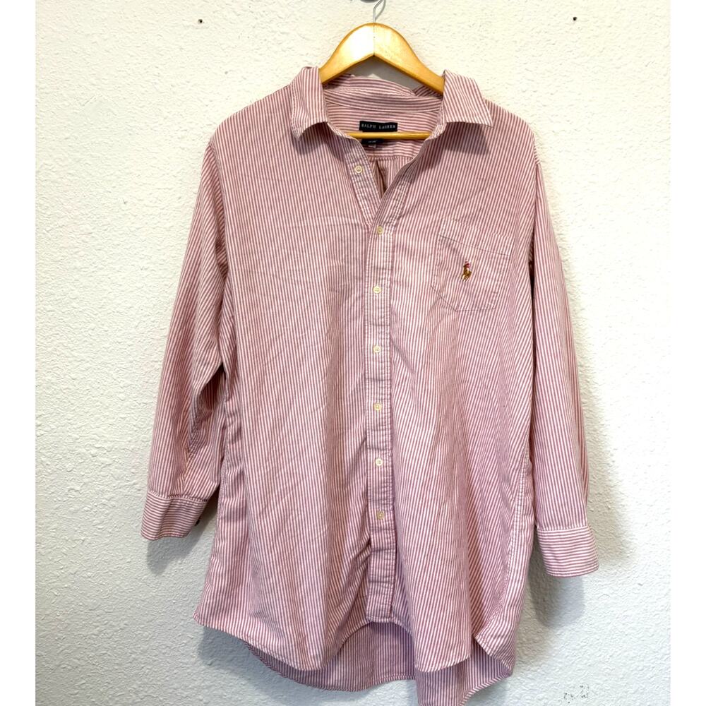 Vintage Ralph Lauren Striped Button Down L/XL Cotton Preppy Pink White 90s
